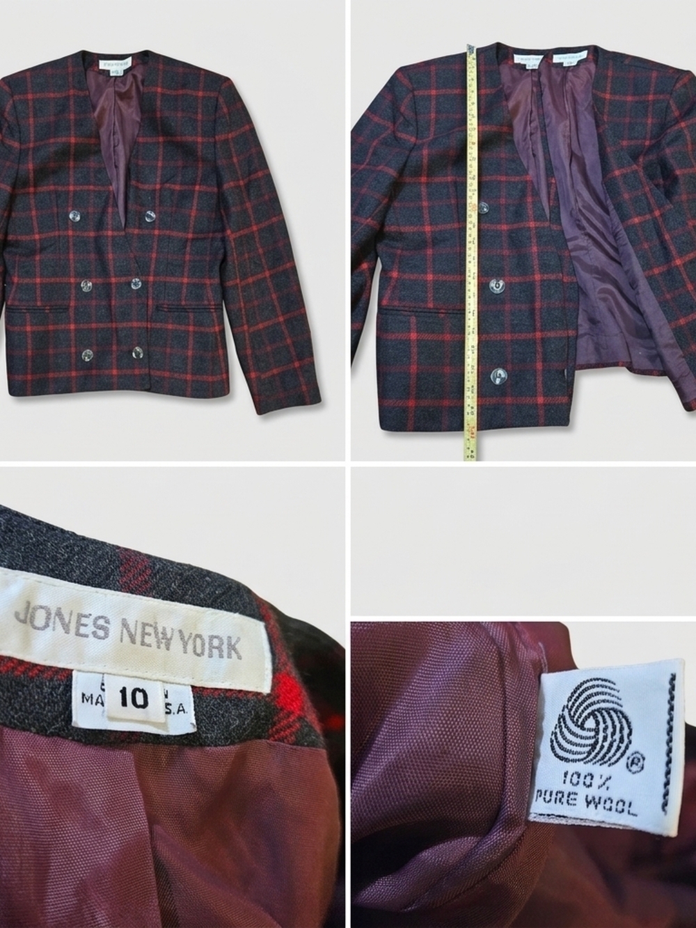 VTG Jones New York Wool Blazer 10 Red Gray Plaid Double Breasted Made in USA
